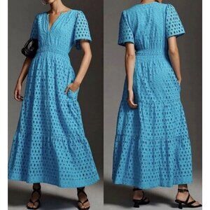 Anthropologie Somerset Maxi Dress Eyelet Edition Blue Sz Small NEW‎ $200